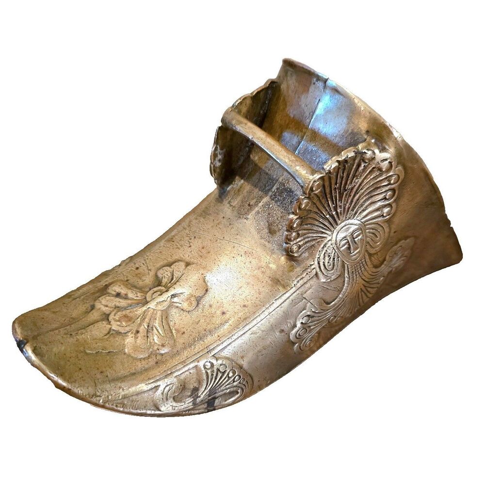 19thC Antique Brass Spanish Colonial Horse Saddle Slipper Stirrup Mask LC Mark